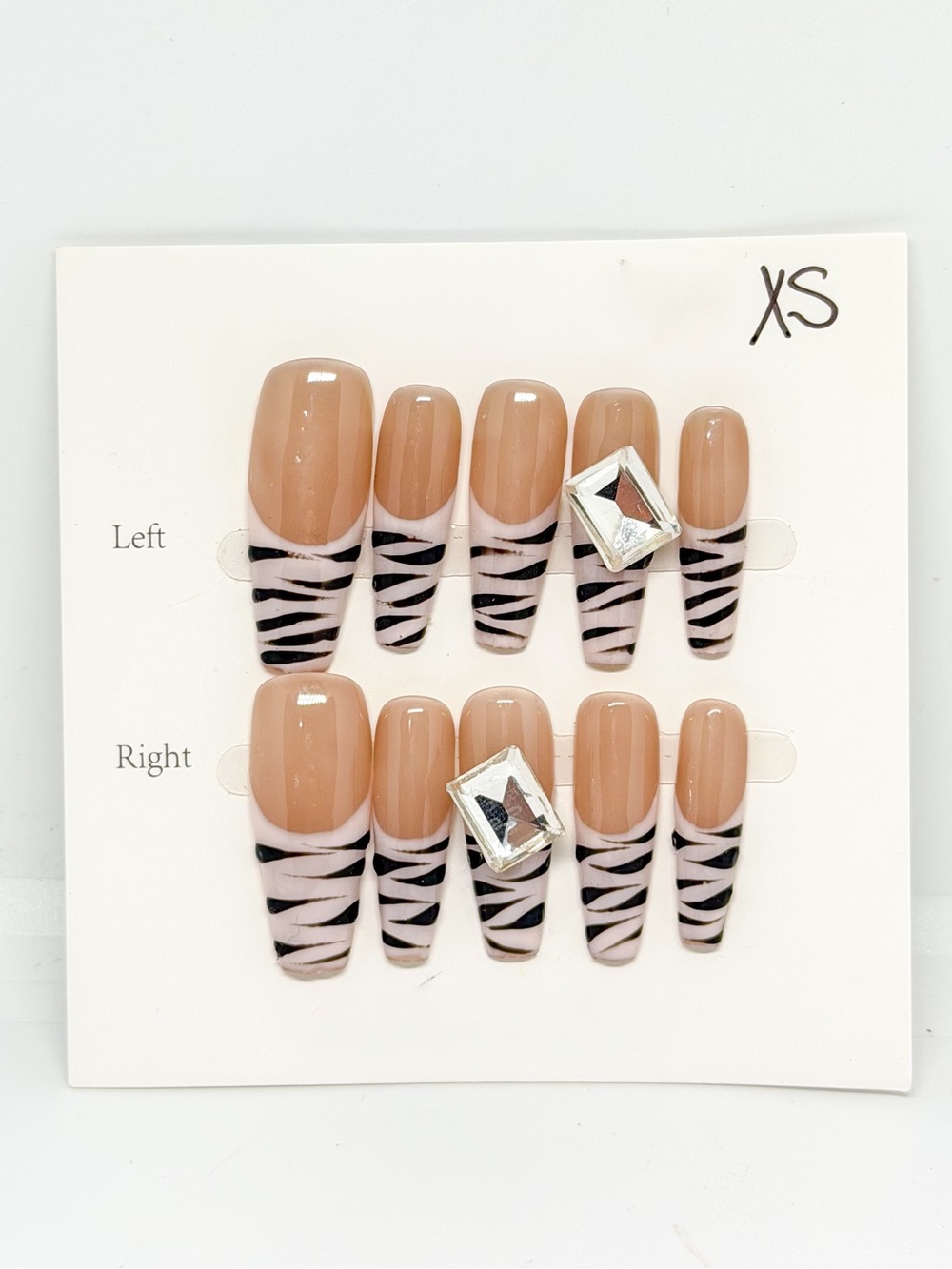 Neutral & Black Zebra Press-On Nail Set with Accent Gem